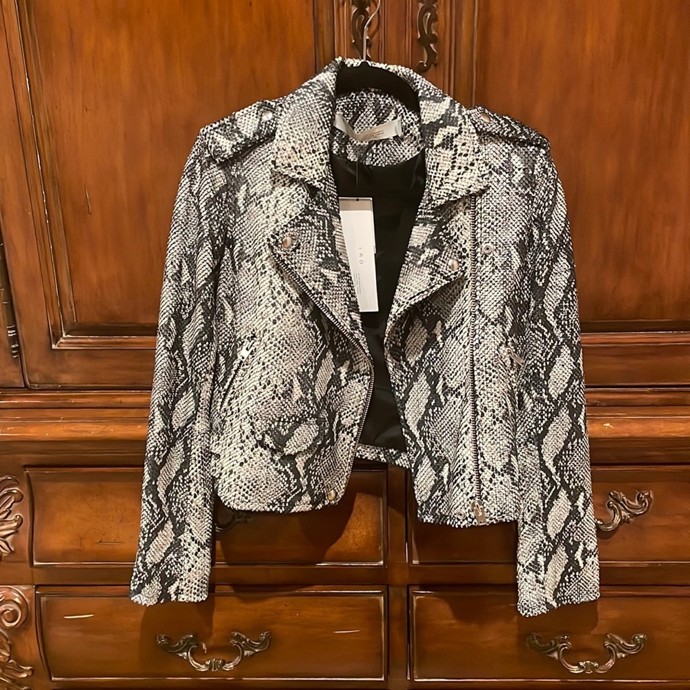 IRO cropped leather bold snakeskin classic moto jacket.